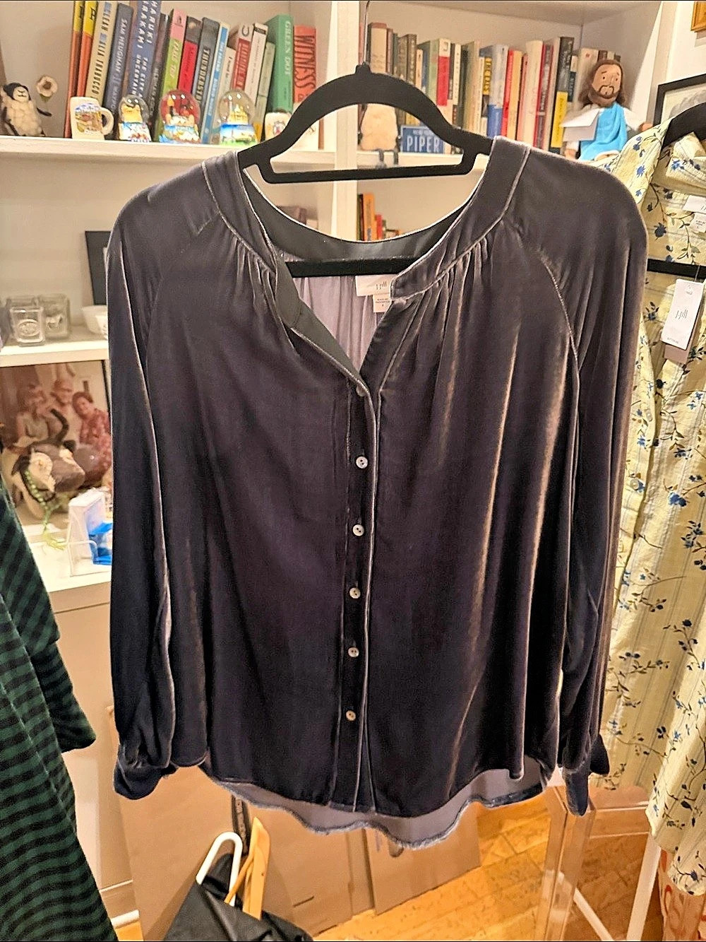 J.Jill Velvet Button Front Blouse in Small color greystone (charcoal grey)